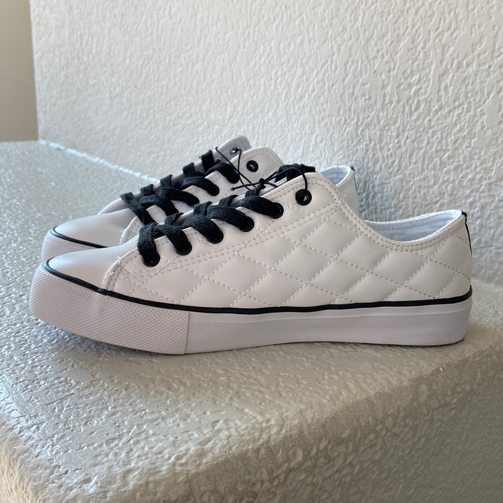 White and black faux leather quilted sneaker